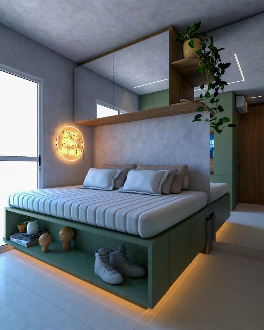 quarto de apartamento pequeno, com sofá cama com armário na parte inferior e luz neon na parede