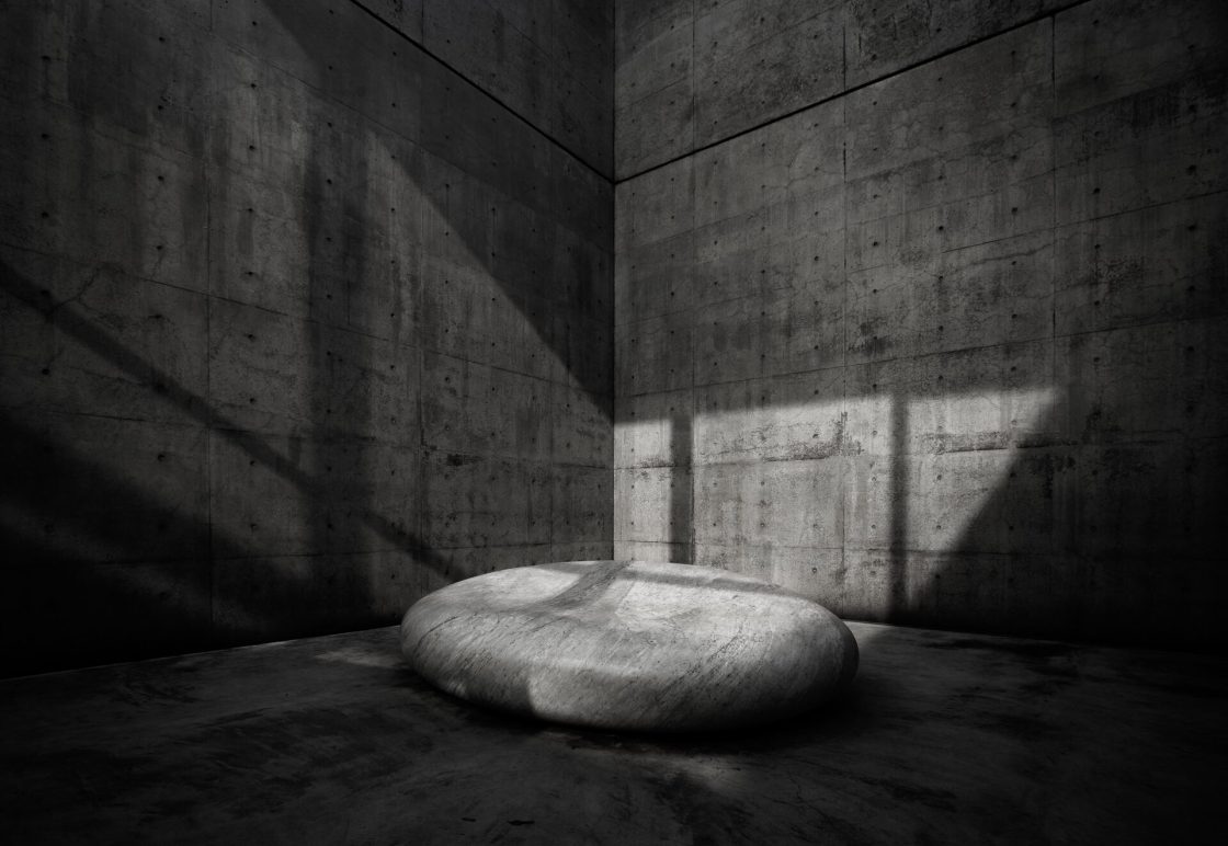 Projeto Benesse House do arquiteto Tadao Ando, na imagem em preto e branco o contraste entre luz e sombra, presente em suas obras, se intensifica.