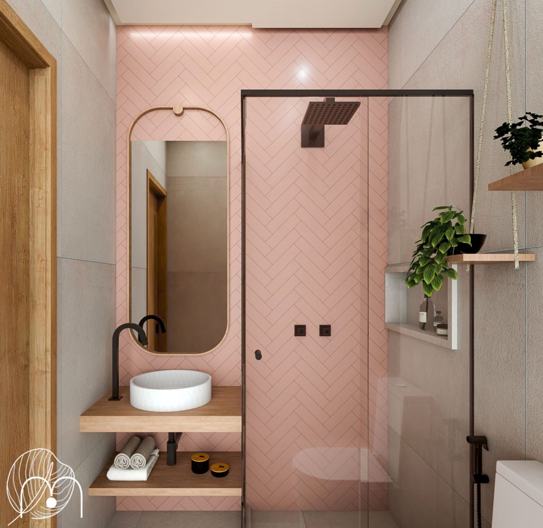 Banheiro pequeno com parede rosa com padrões geométricos  em destaque 
