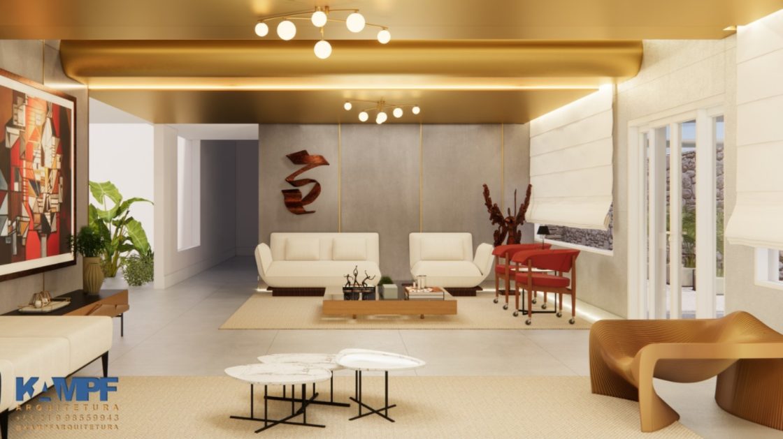 Sala de estar ampla e iluminada com teto dourado e banco em madeira moderno