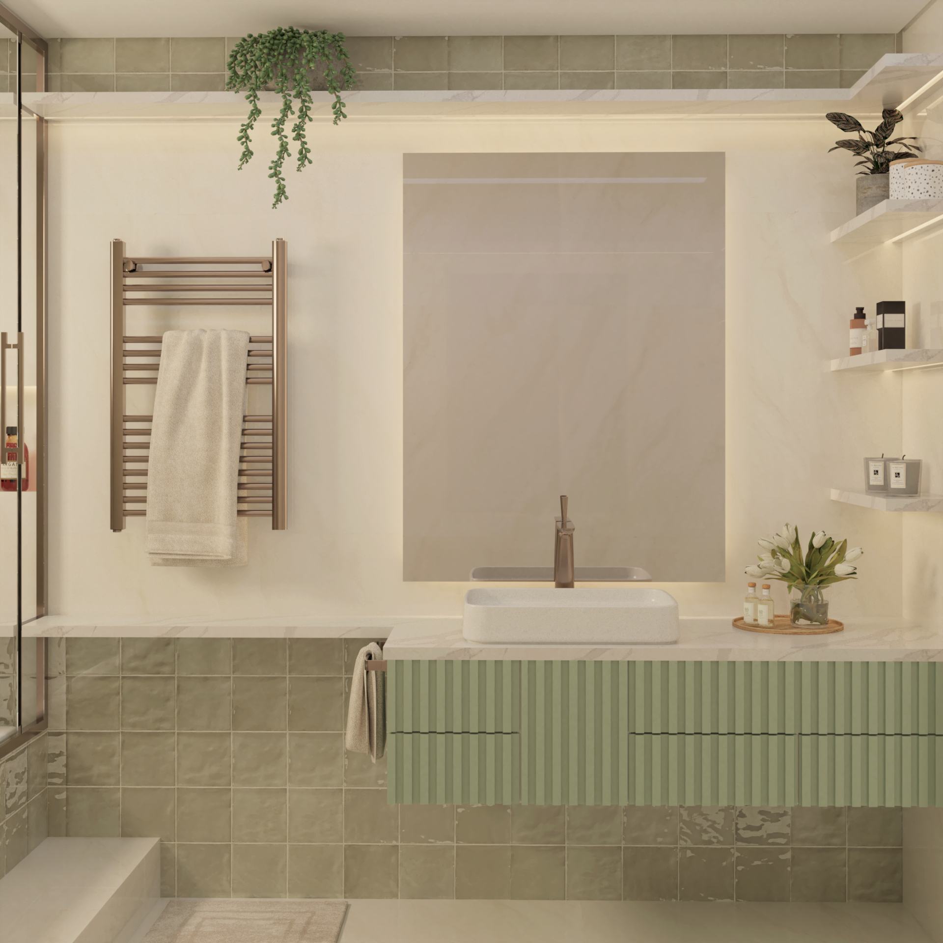 Banheiro aconchegante com revestimento e marcenaria em verde