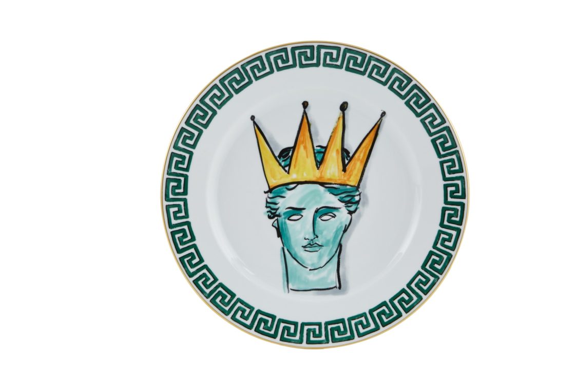 prato de porcelana, desenho de homem com coroa