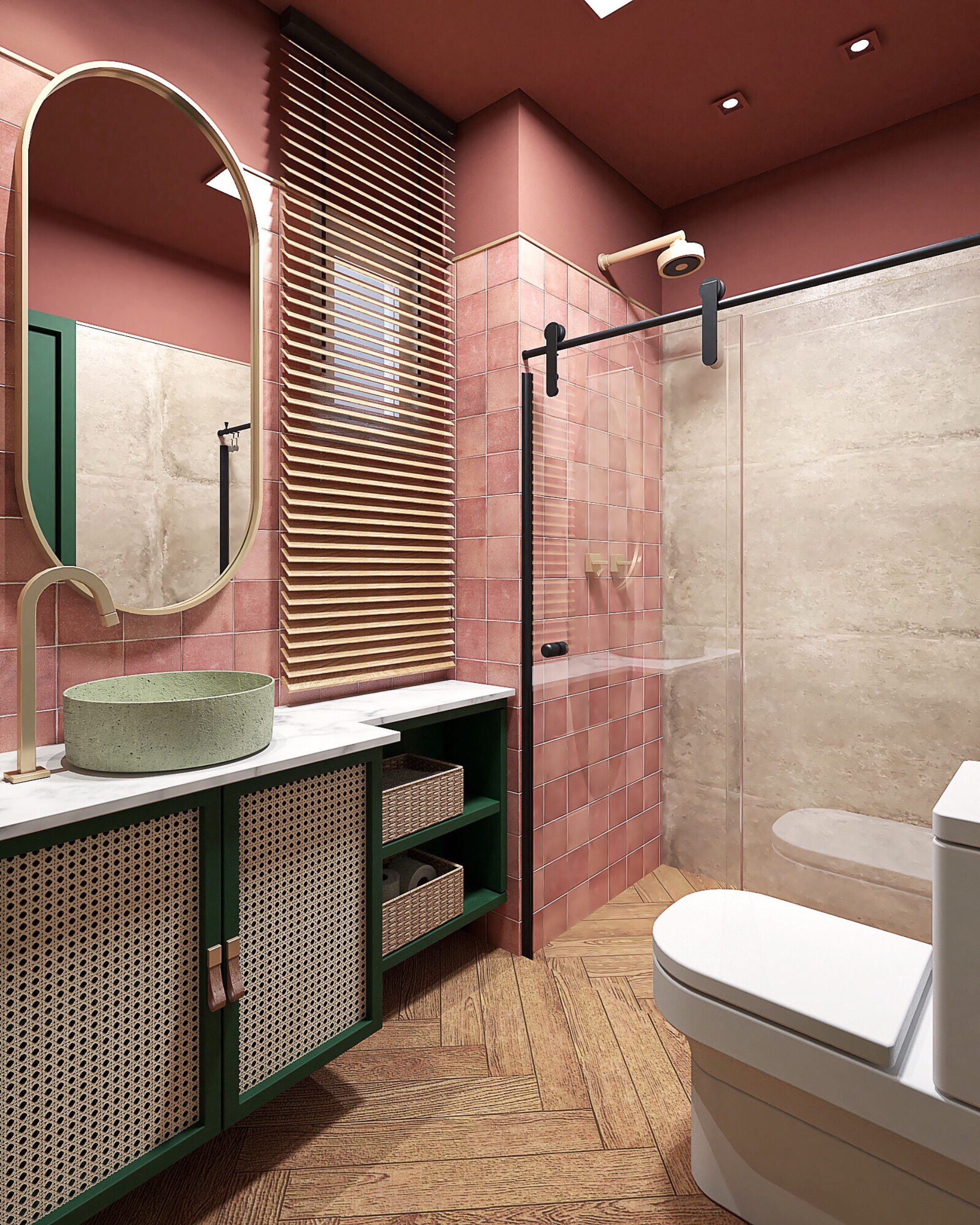 Banheiro com porcelanato rosa e paredes rosa mesclando com elementos claros