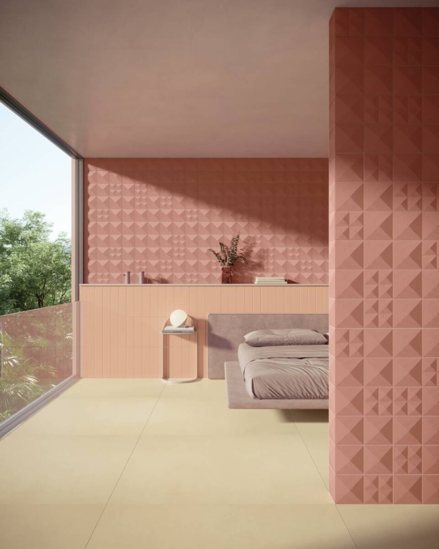 Quarto com paredes revestidas com produto tridimensional rosa pastel