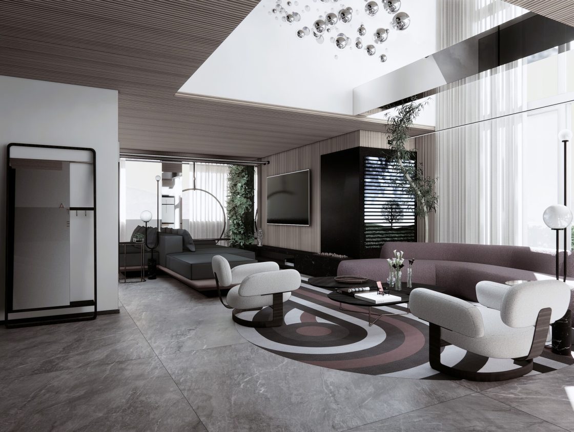 apartamento triplex, sala em tons neutros, com muita luz natural e mobiliário contemporâneo