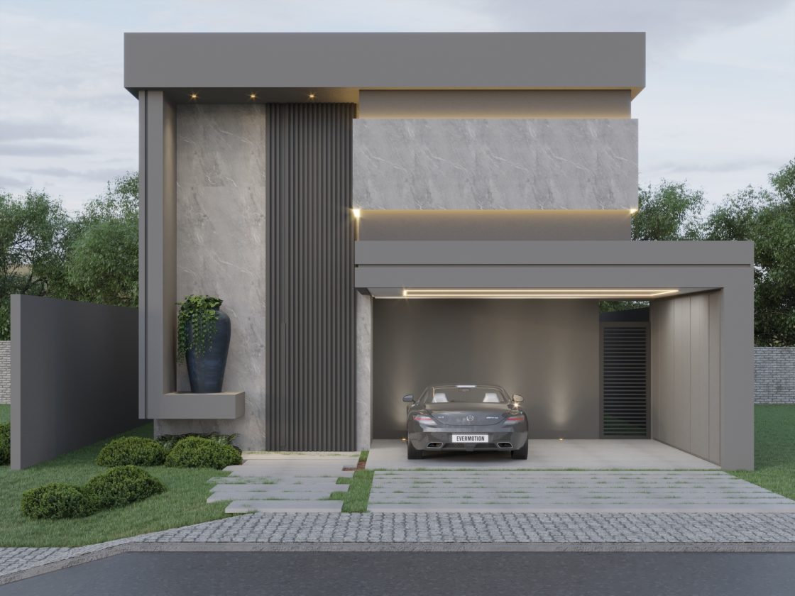 Fachada de casa contemporânea cinza com carro estacionado na frente e detalhe ripado na vertical