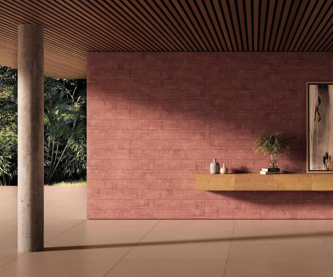 Ambiente in and out com parede terracota