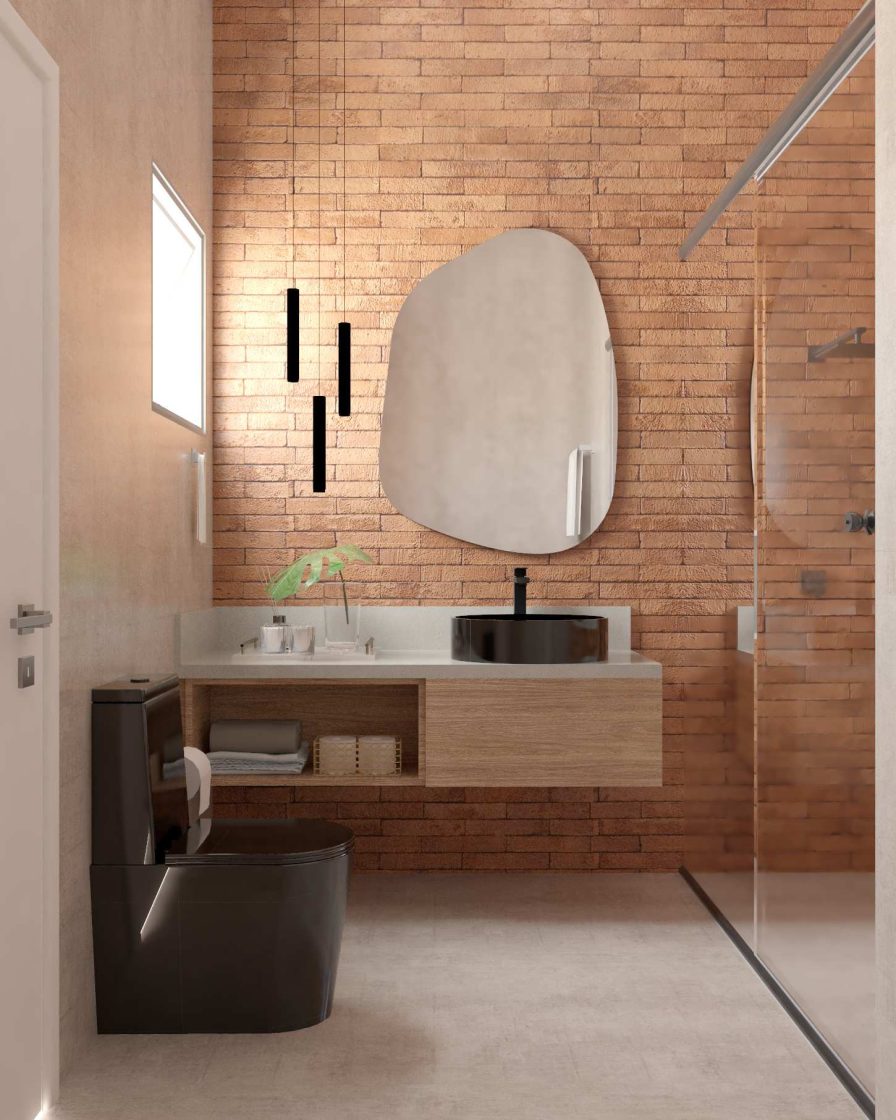 Banheiro com parede de tijolinhos