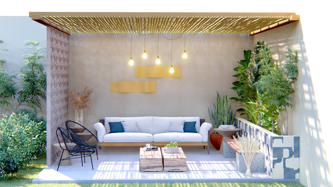 Área externa rústica e elegante, integrada com cobertura de bambu e parede de cobogós.