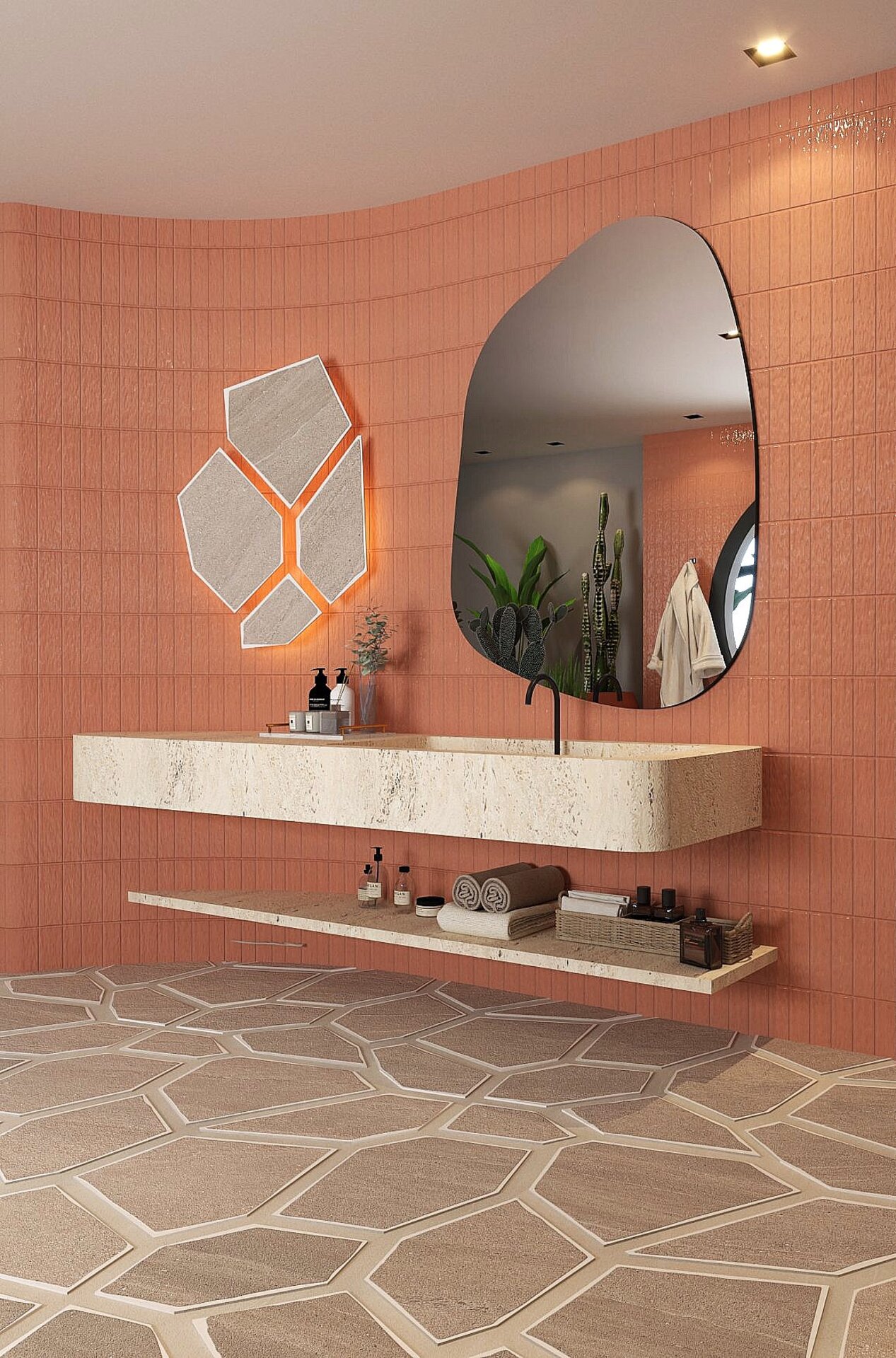 Banheiro com revestimento cor pêssego nas paredes, bancada e prateleira beges. Há um espelho em formato orgânico na parede, e outra composição com espelhos menores ao lado