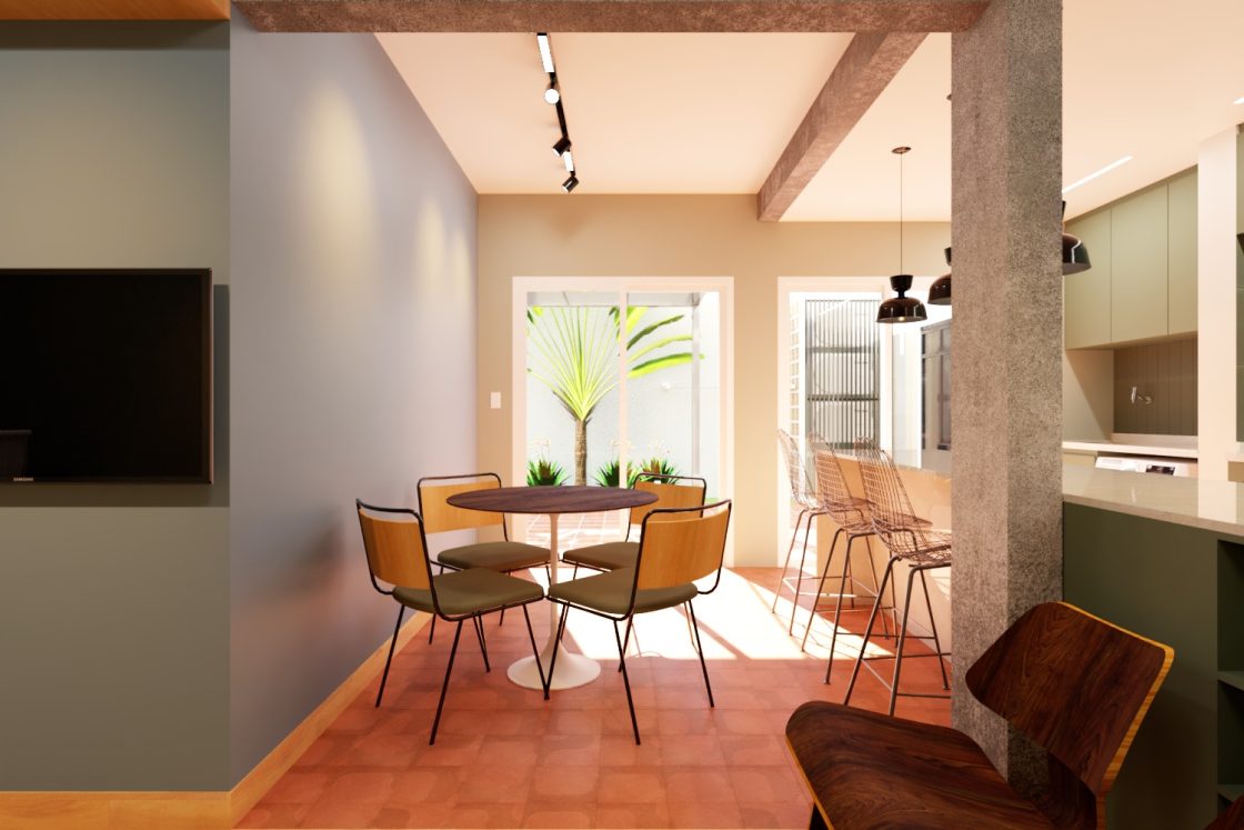 Proposta para área social do Apartamento Bossa (Uberlândia-MG) - Área externa e interna totalmente integradas visualmente / Imagem: Beiral Estúdio de Arquitetura (2023)