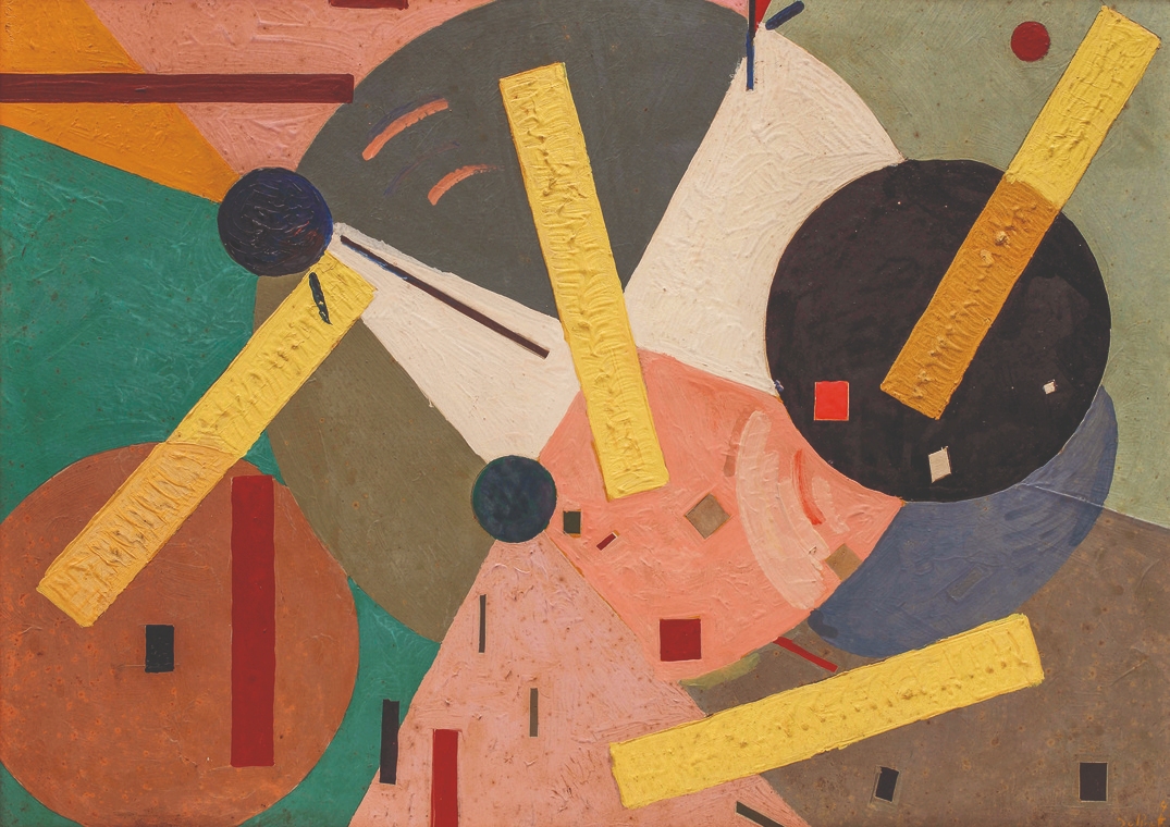 A obra Fracción con elementos geométricos (1949, óleo sobre tela), do artista Juan Del Prete é uma das mais 150 peças expostas no Instituto Tomie Ohtake 