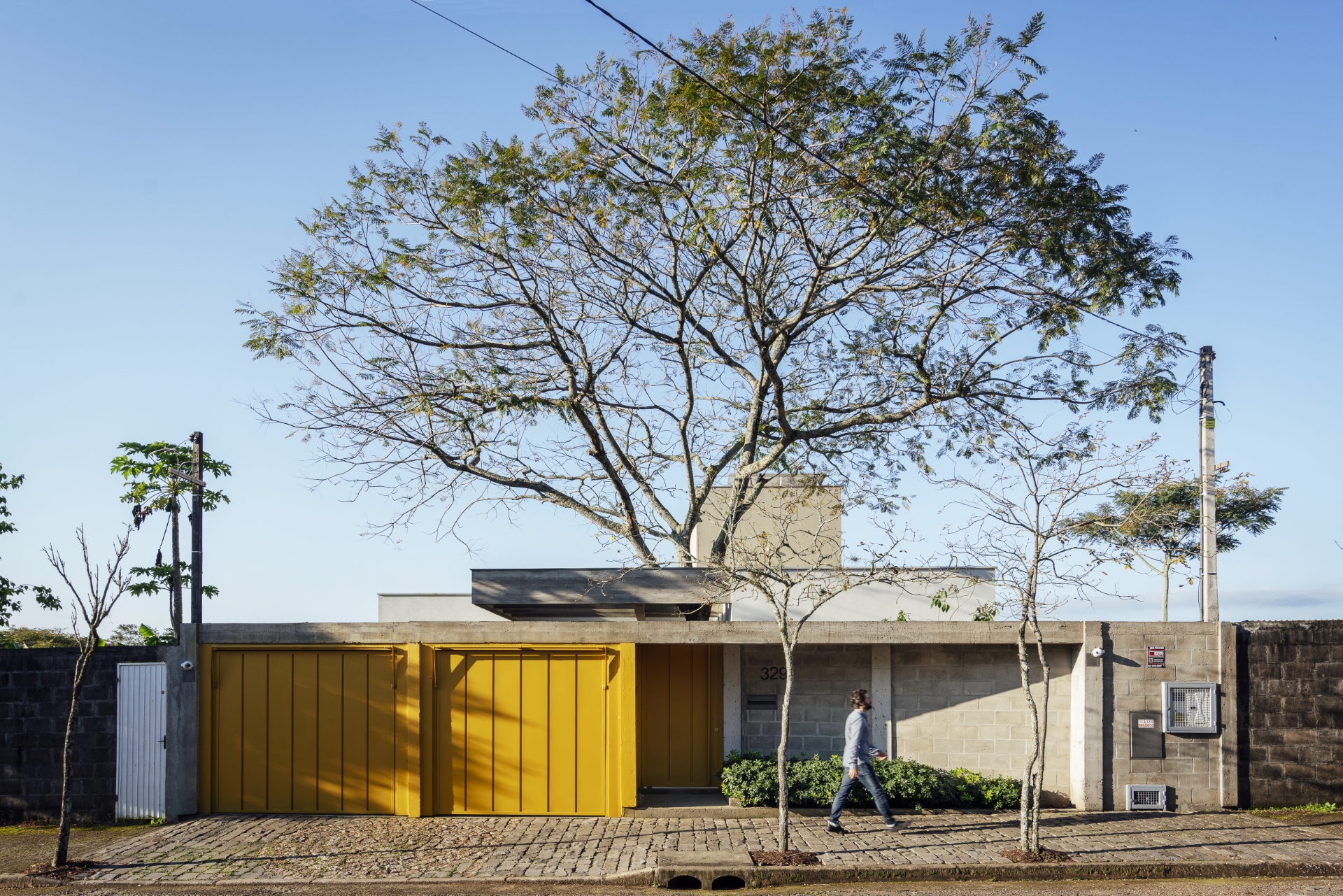Fachada de casa em cinza e amarelo, com grande árvore dentro do terreno e céu azul