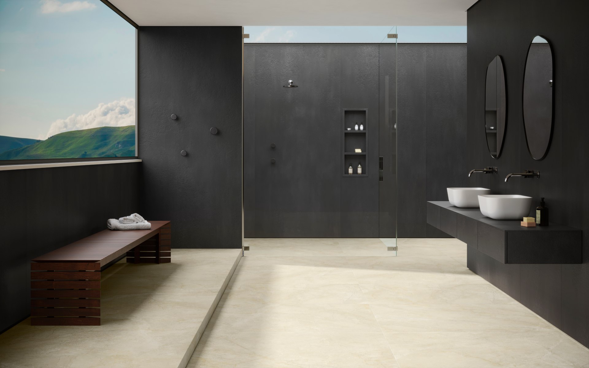 Banheiro amplo com piso bege e paredes pretas