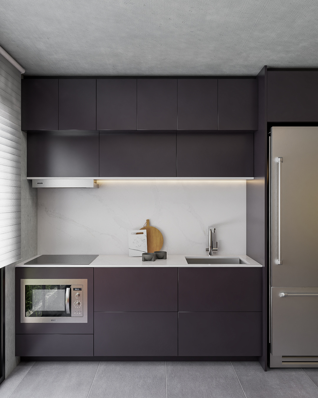 Cozinha compacta com linhas retas e cores escuras