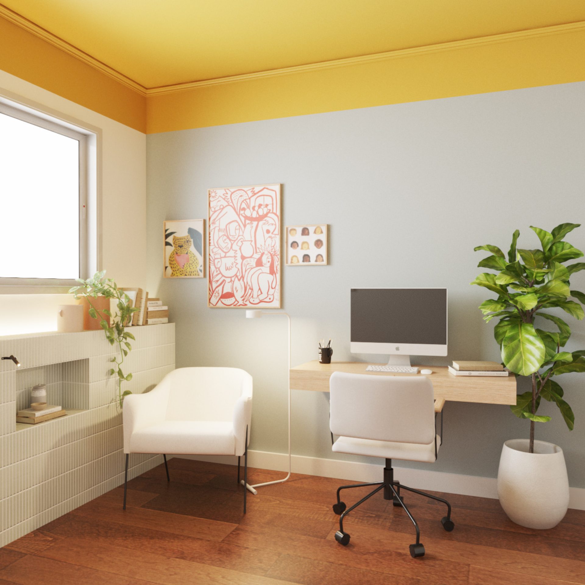 Quarto com home office e espaço de  leitura com piso amadeirado e teto colorido.
