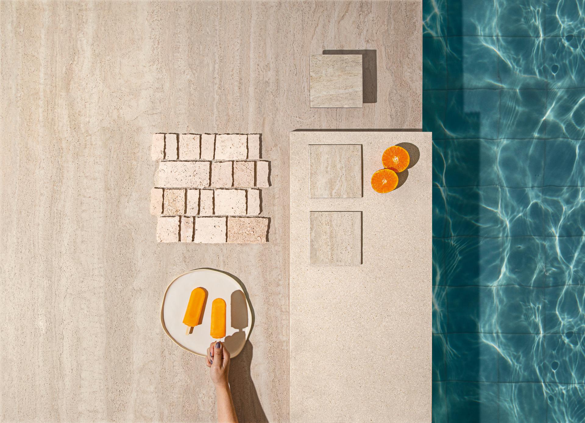 Apresentação de moodboard de revestimento em borda de piscina