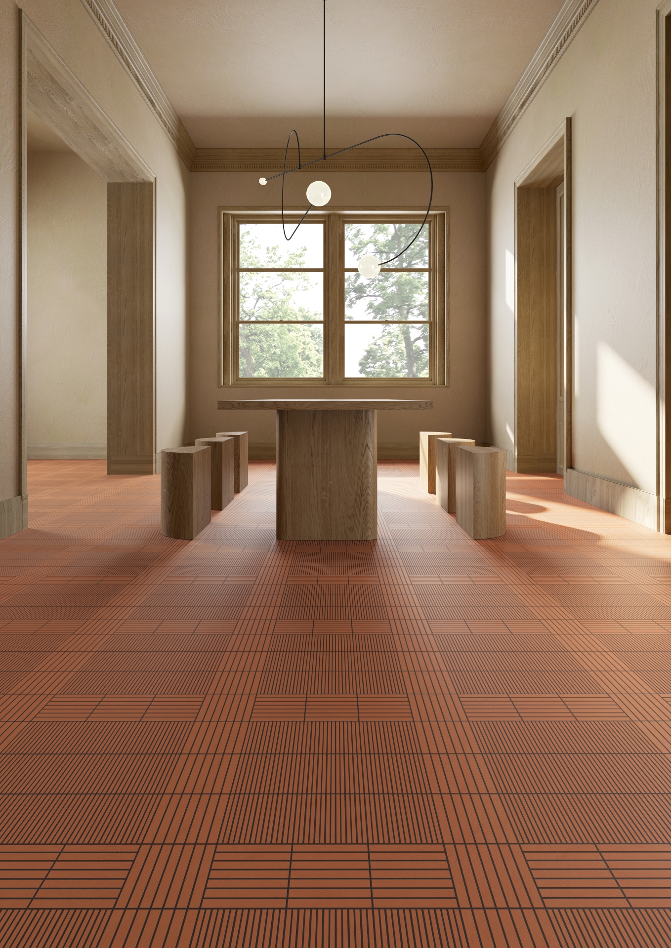 Ambiente com revestimento fringe na cor red, grande sala com mesa e bancos sólidos, ao fundo janela e sobre a mesa lustra escultórico