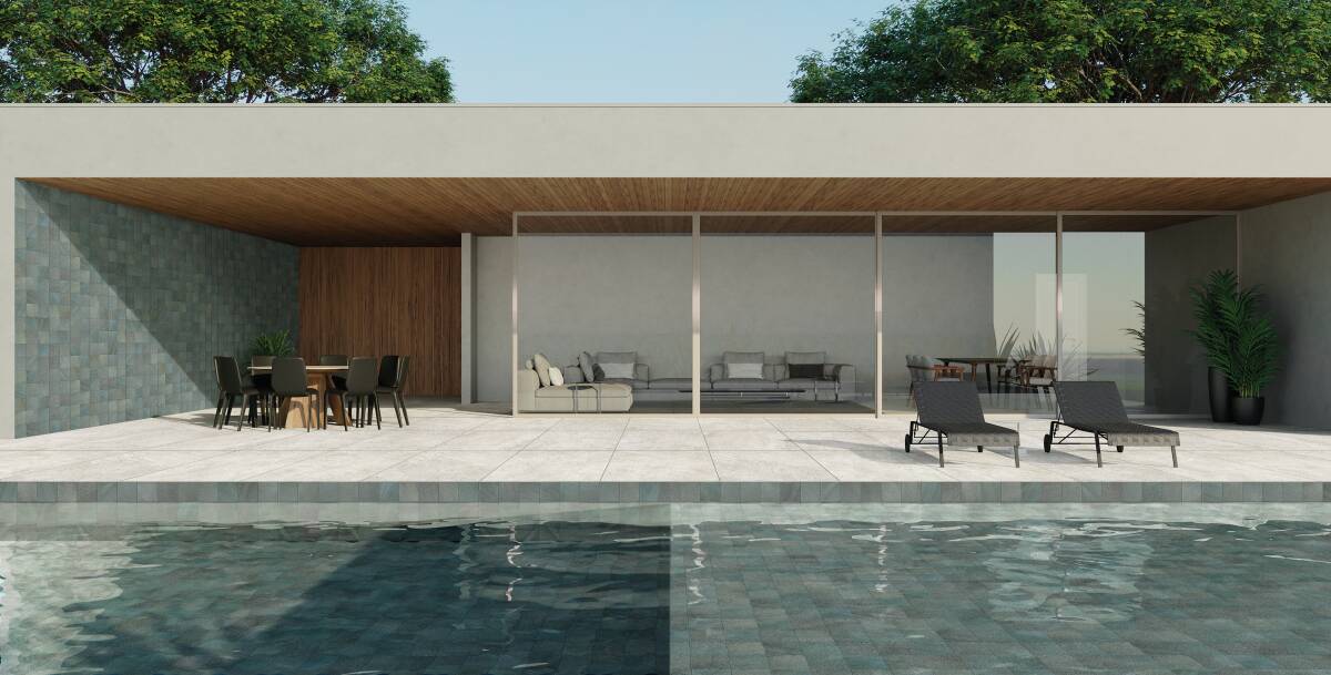 Casa com fachada moderna e piscina ampla, em tons neutros