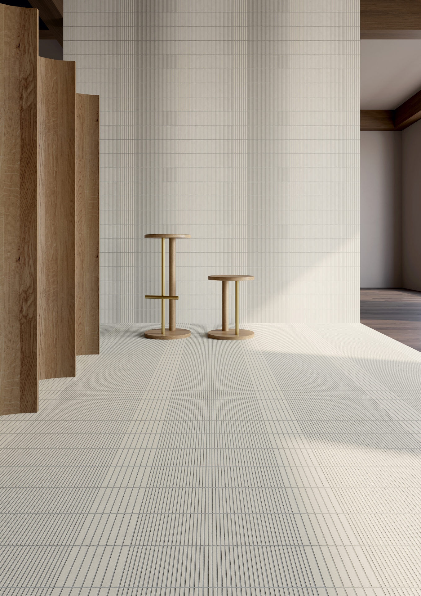 Espaço revestido com a coleção fringe, de Michael Anastassiades, na cor white e banqueta spot em madeira