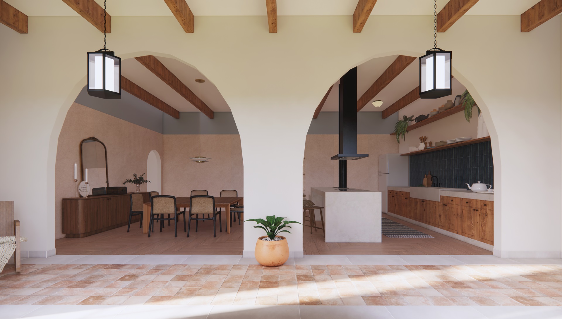 Sala de jantar e cozinha integradas com pátio externo