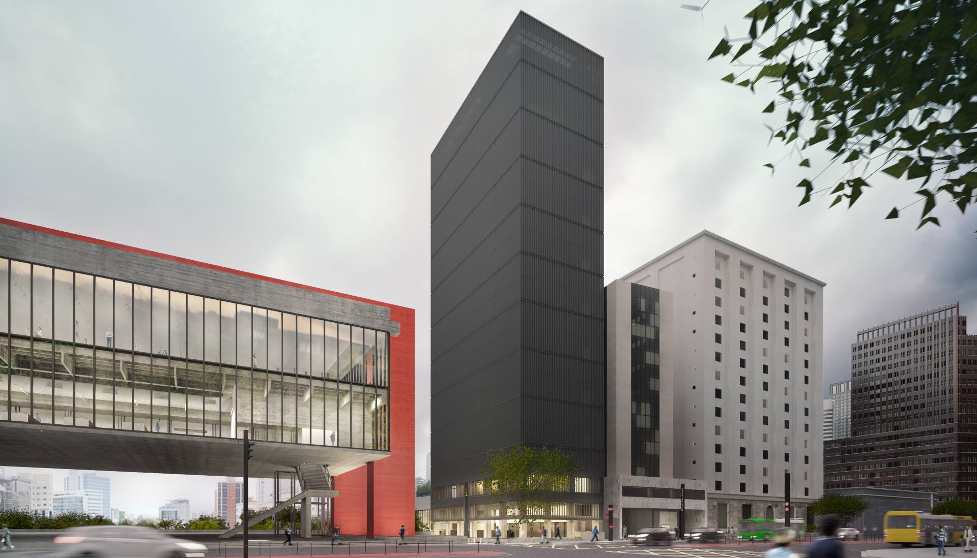 Projeto do novo prédio do MASP, ao lado da construção antiga