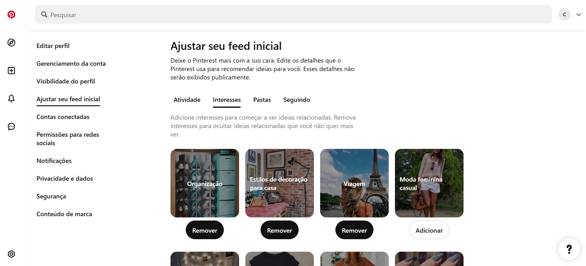 Página de seleção de temas de interesse no Pinterest