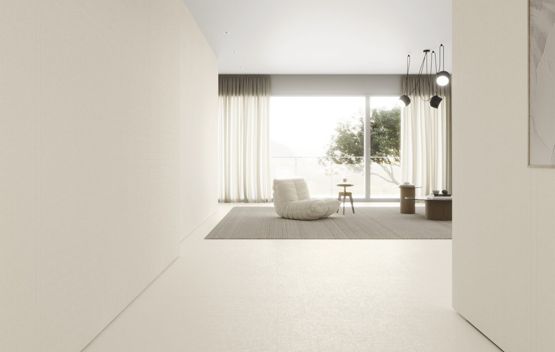 Living com estilo minimalista e revestimentos brancos
