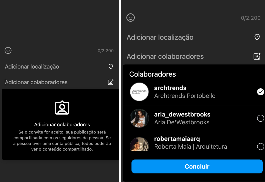 Telas de colaboração no Instagram