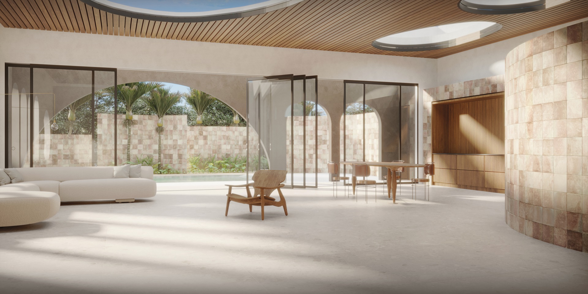 Ambiente in and out amplo, em tons neutros e terrosos