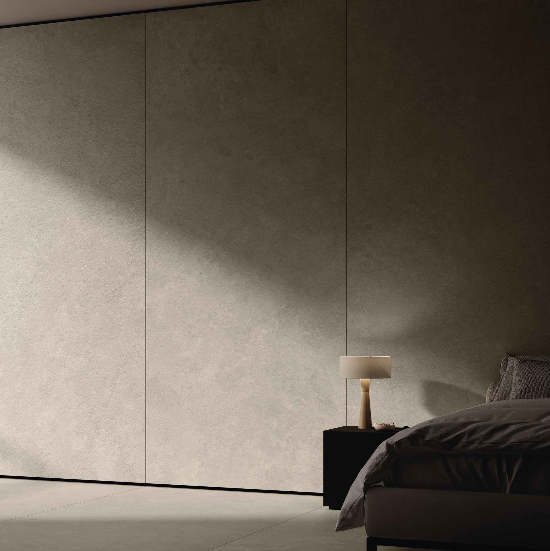 Parede ao fundo com Lasta Zesty em destaque, com cama e mesa de cabeceira à direita