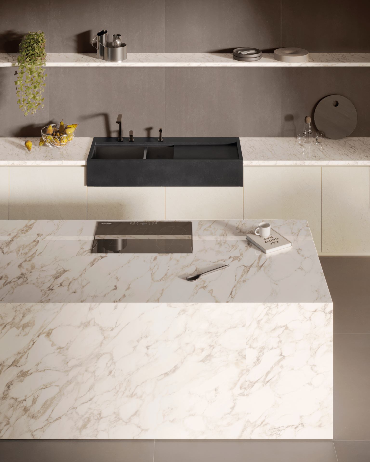 Cozinha com ilha em porcelanato marmorizado e elementos Domateca