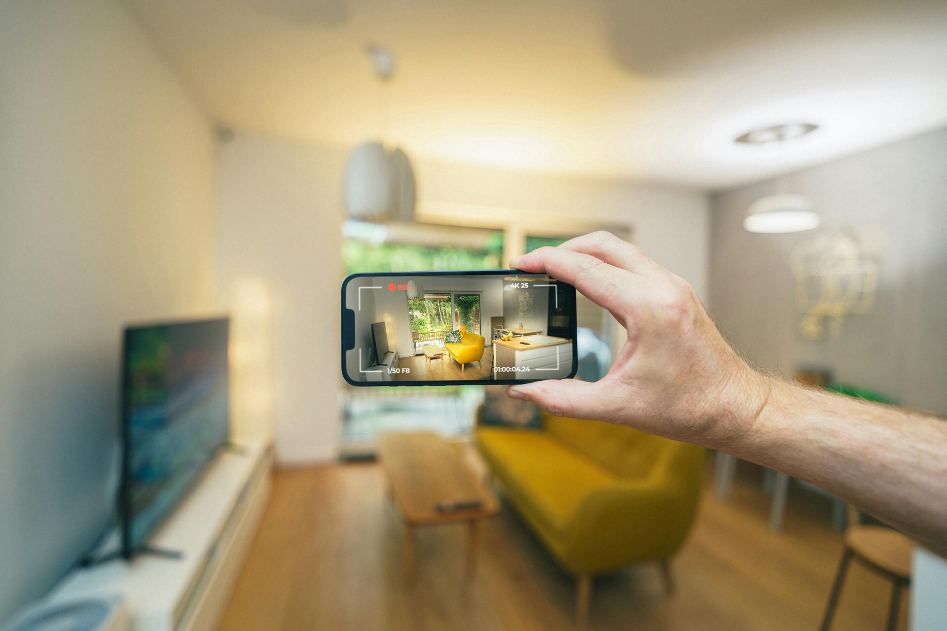 Pessoa segurando smartphone e gravando uma sala de estar. O rosto dela não aparece