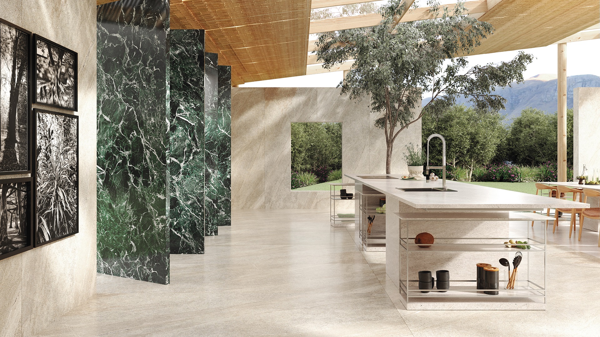 Área externa coberta, com algumas aberturas no teto, com revestimentos neutros e detalhes em porcelanato marmorizado verde
