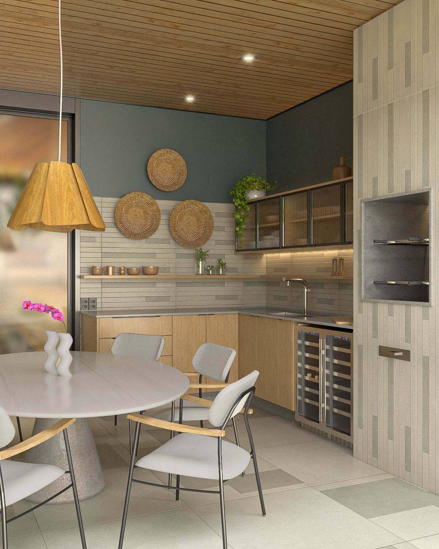 Imagem renderizada de sala de jantar e cozinha