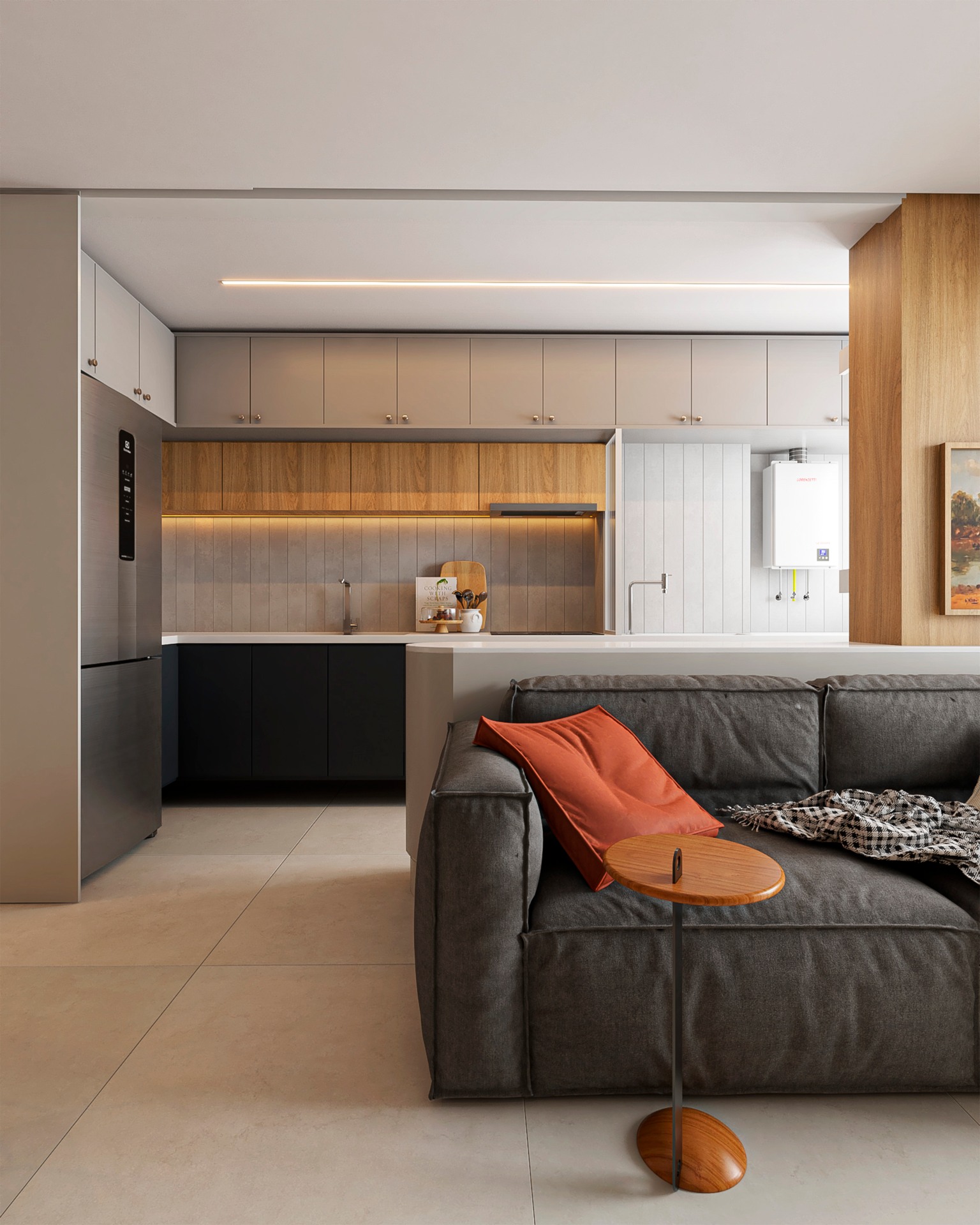 Imagem renderizada de sala e cozinha