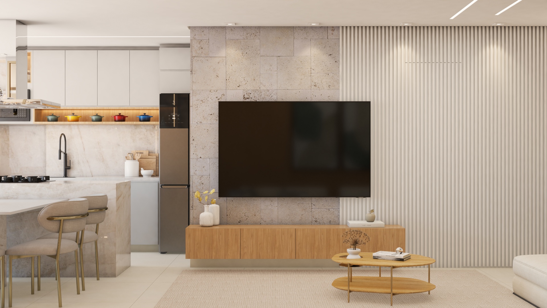 Imagem 3D renderizada de sala integrada