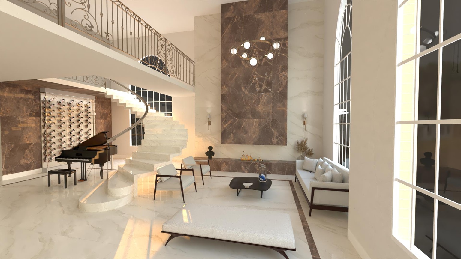 Sala em estilo clássico com móveis e revestimentos claros e lareira com porcelanato marmorizado marrom