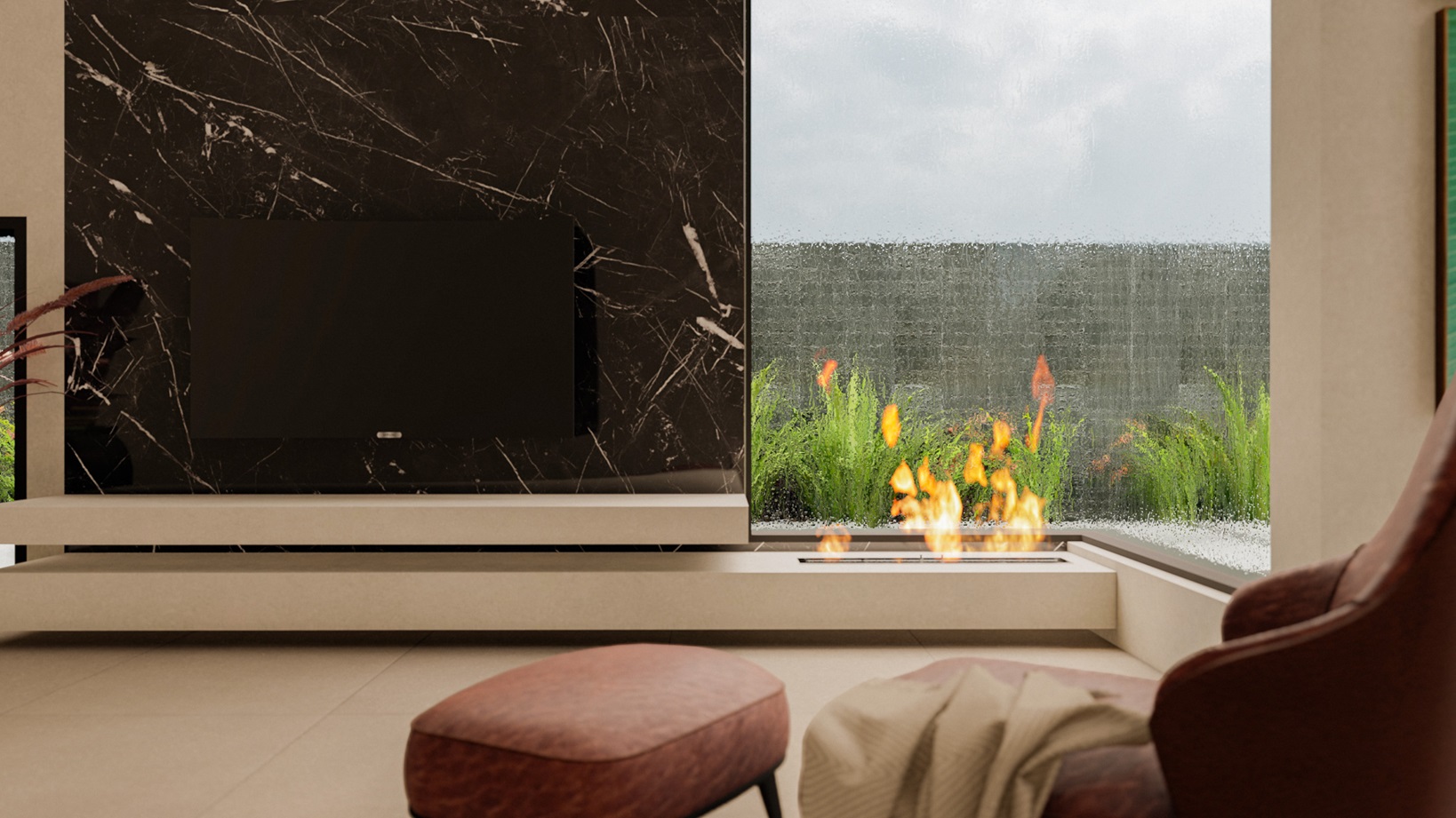 Lareira em tom claro com painel de televisão em porcelanato marmorizado escuro