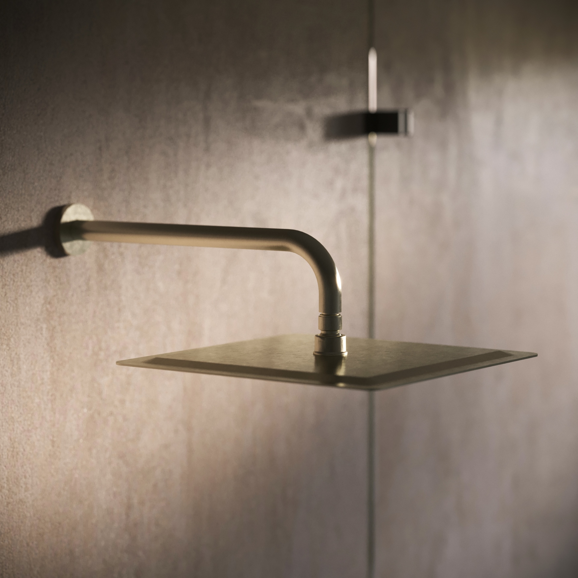 Chuveiro de design minimalista e sofisticado, instalado em uma parede com acabamento fosco em tom terroso. O chuveiro tem um formato quadrado e plano, com um acabamento metálico em tom dourado ou bronze escovado.
