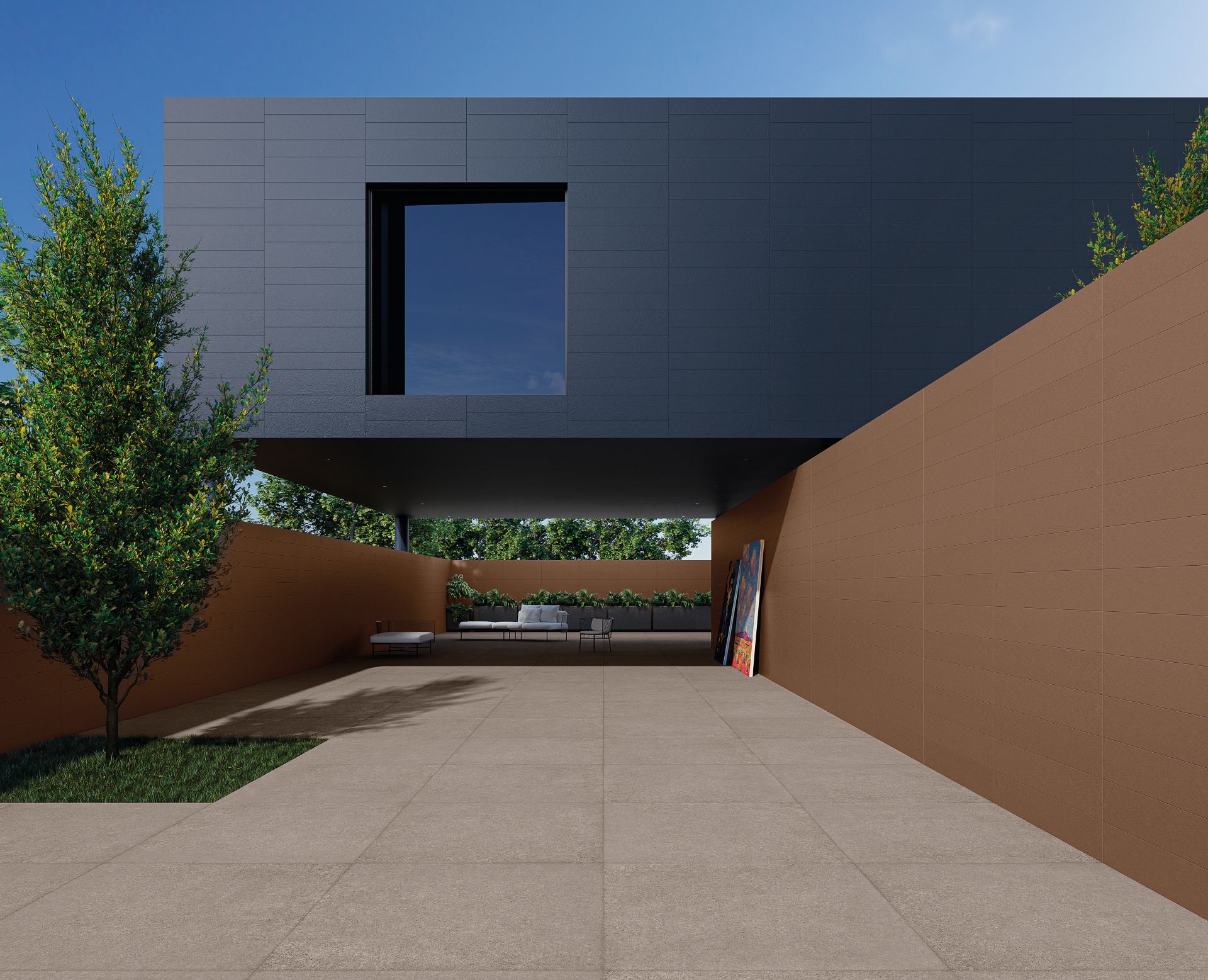 Casa com um design minimalista e sofisticado. A fachada superior da residência é revestida em um tom de azul-escuro, conferindo um visual imponente e elegante. A estrutura tem linhas retas e uma grande janela emoldurada no mesmo tom escuro, reforçando o estilo contemporâneo