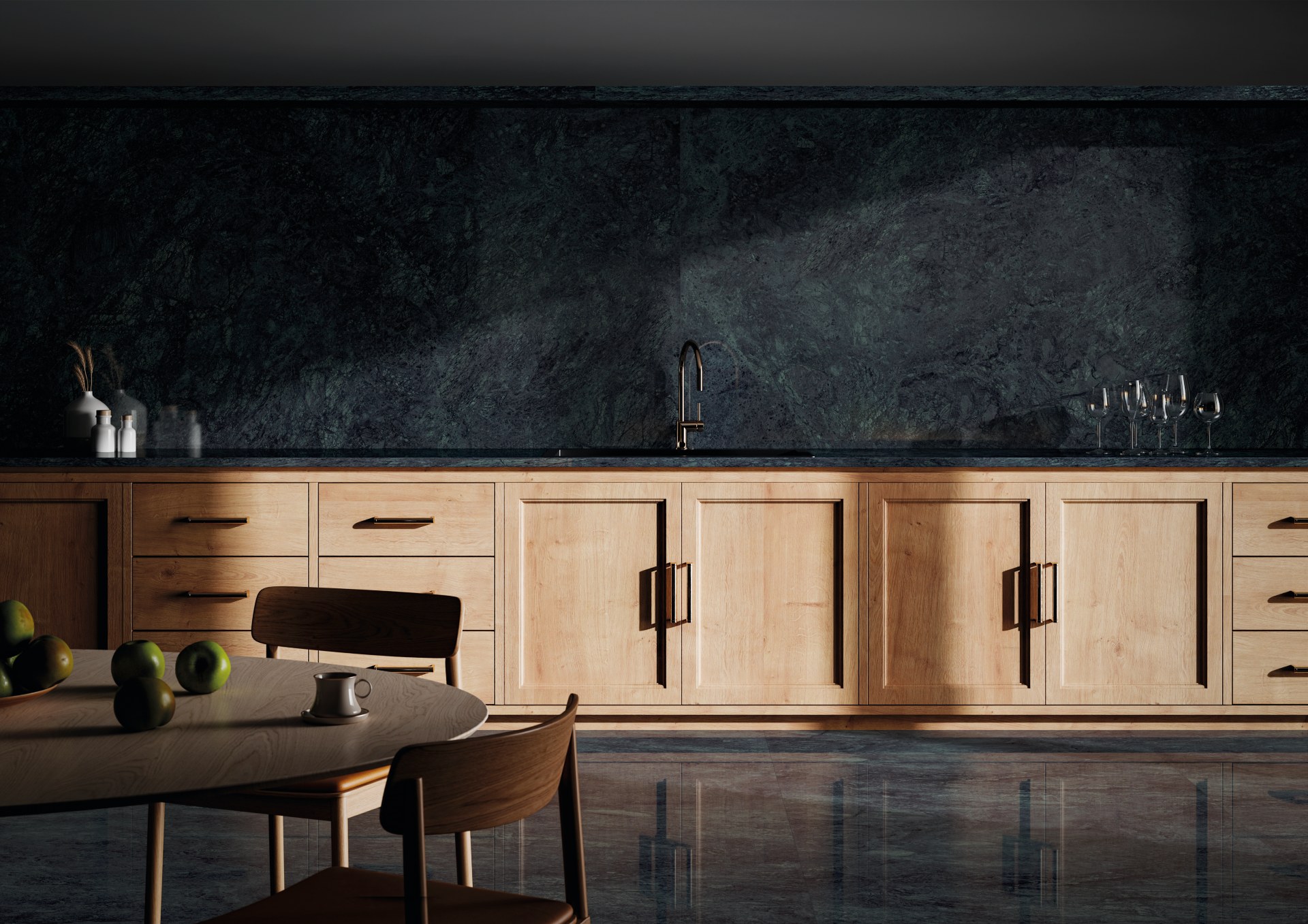 Cozinha com piso e backsplash em porcelanato que reproduz mármore verde