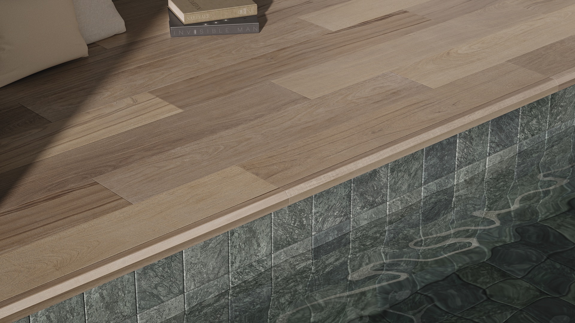 Piscina com Deep Forest e entorno em porcelanato que reproduz madeira