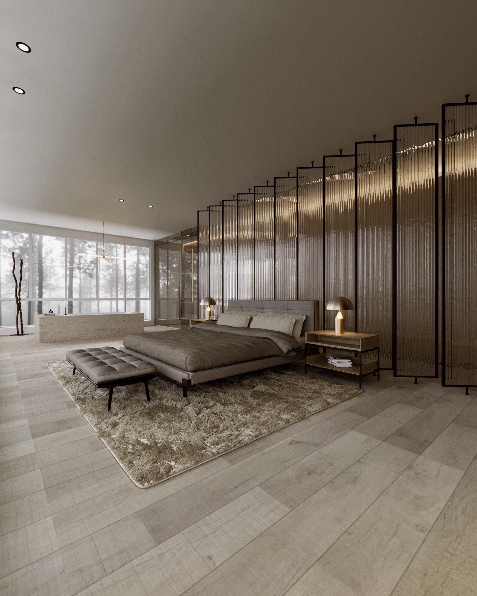 Quarto de casal em estilo contemporâneo e predominância do cinza