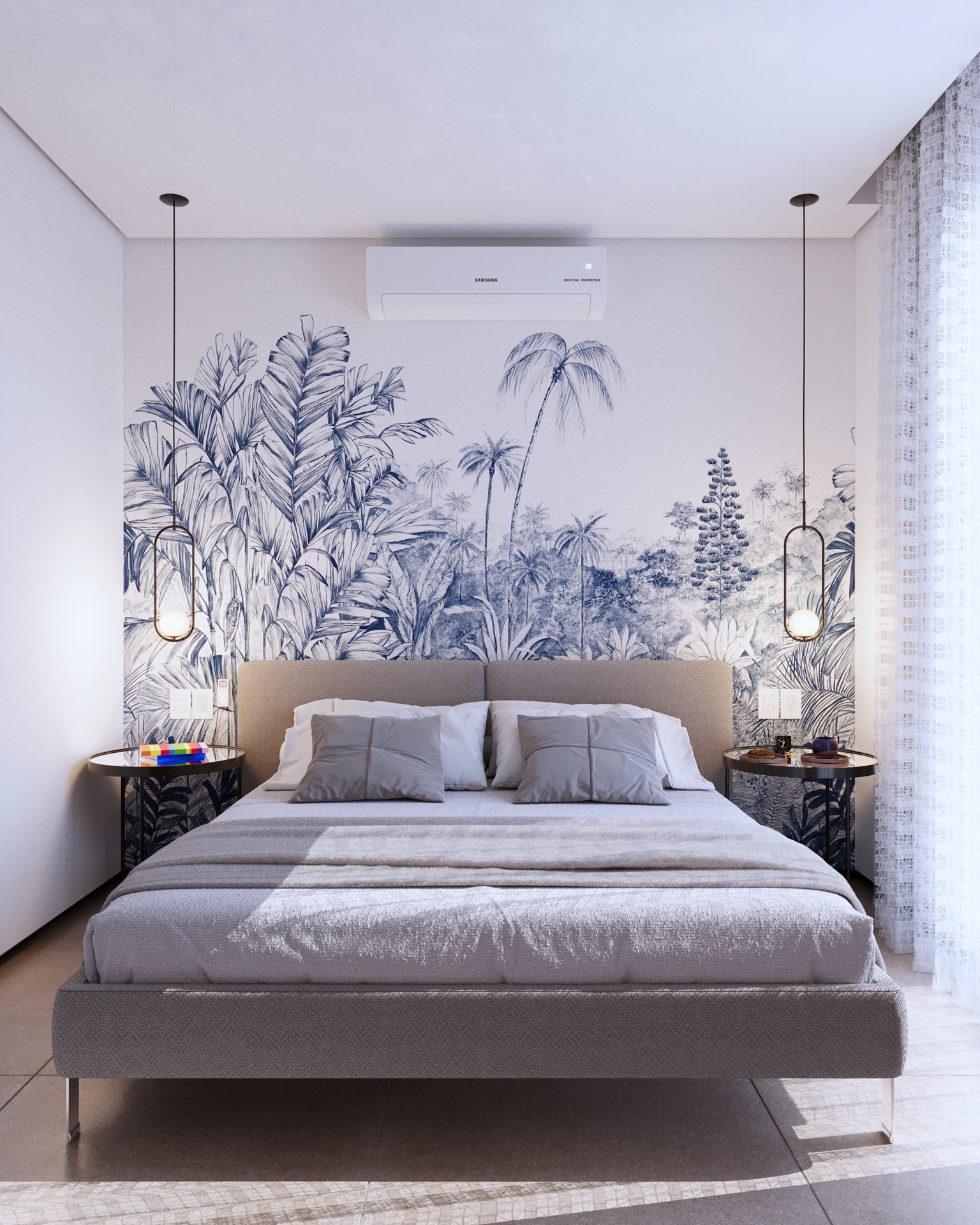 Quarto em tons neutros com cama de casal e parede com desenho de folhagem azul