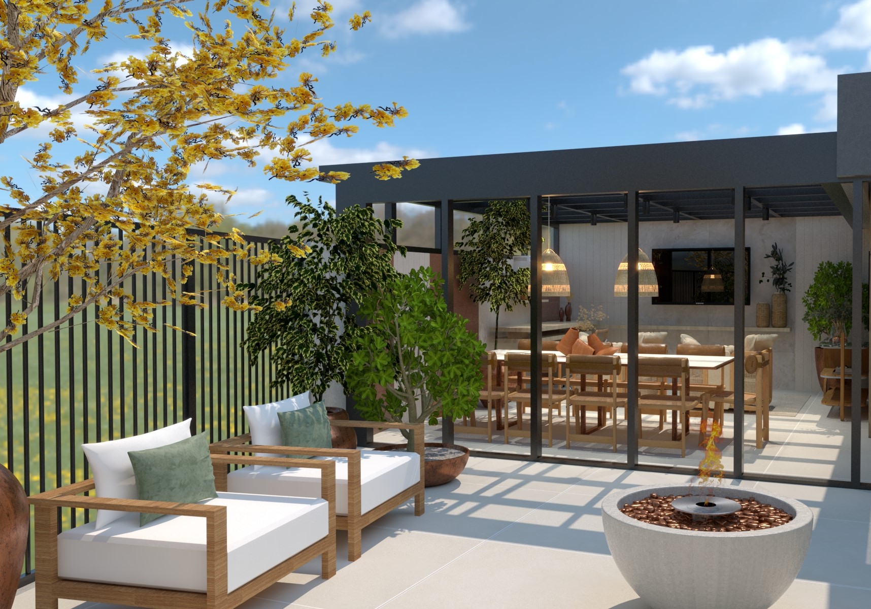 Área externa de apartamento garden com poltronas e lareira ao lado de área gourmet coberta
