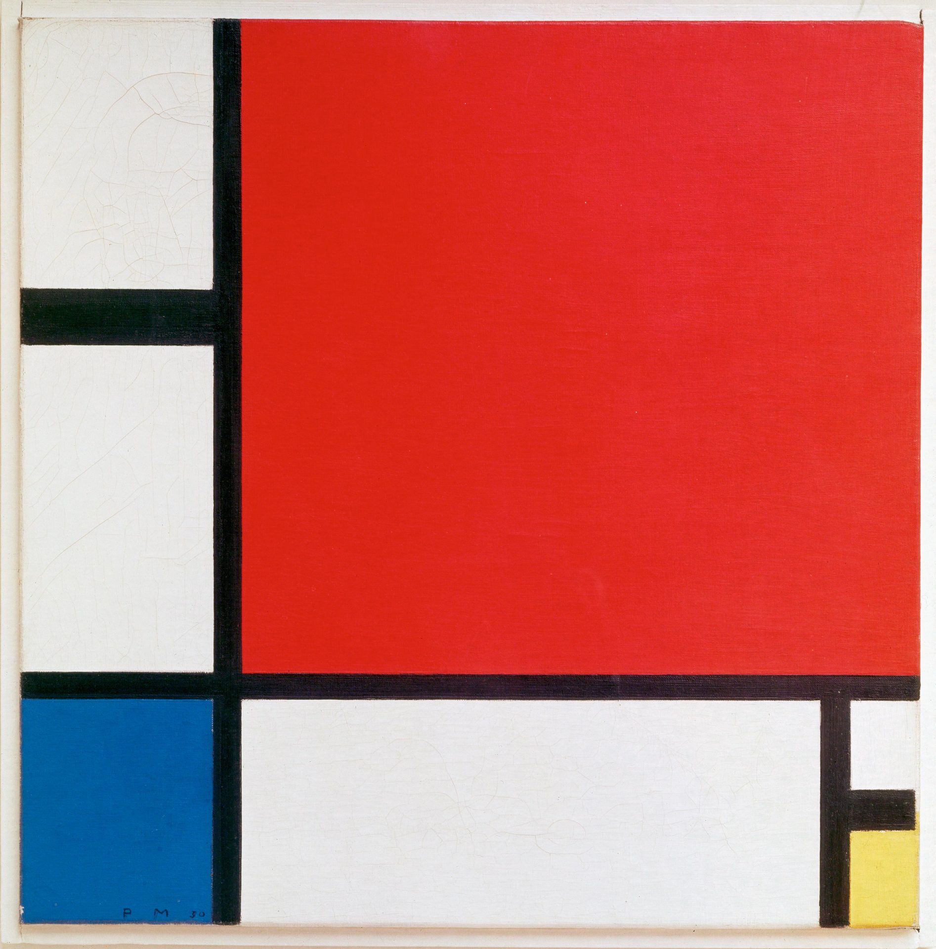 Quadro de Piet Mondrian. Linhas pretas marcam a divisão entre sete formas retangulares que compõem o quadro: uma maior vermelha, uma média azul, uma pequena amarela e as demais brancas