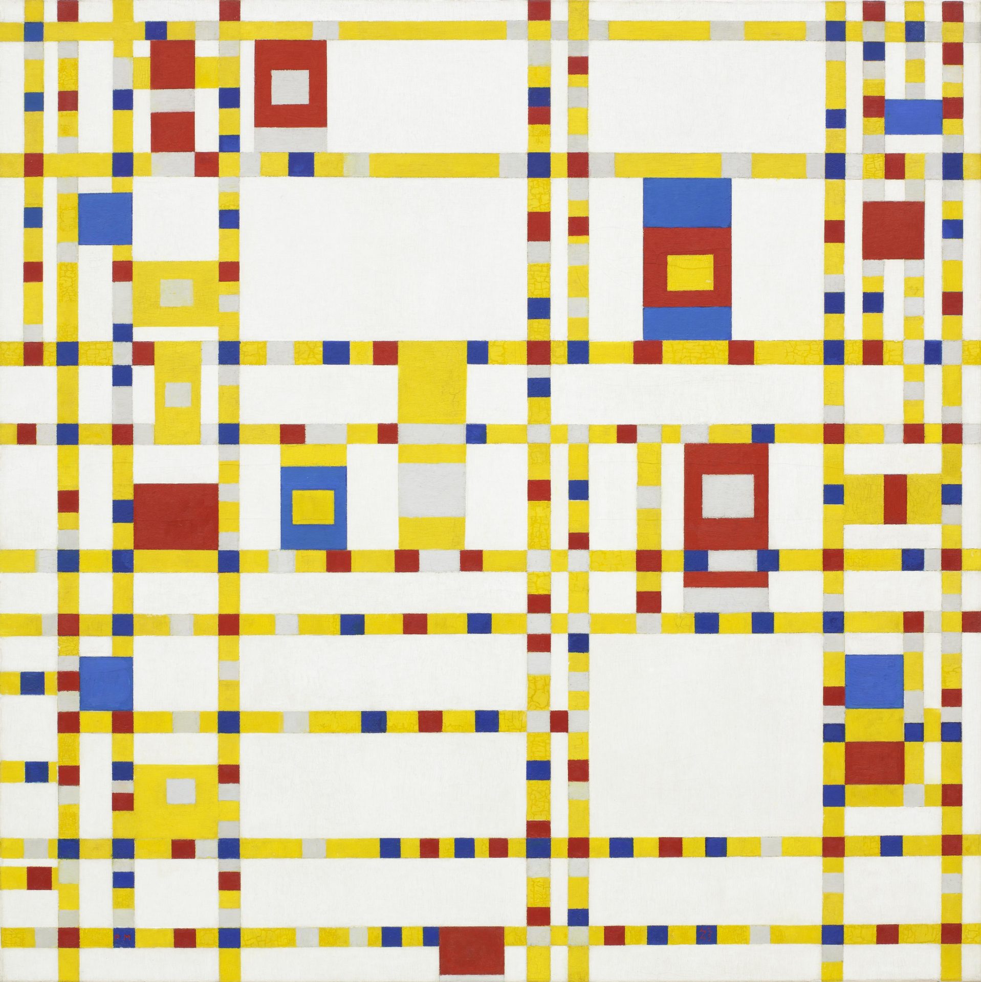 Obra de Mondrian com diversos quadrados e retângulos amarelos, vermelhos, azuis e brancos, inspirado na cidade de Nova York, retemendo a um mapa visto de cima