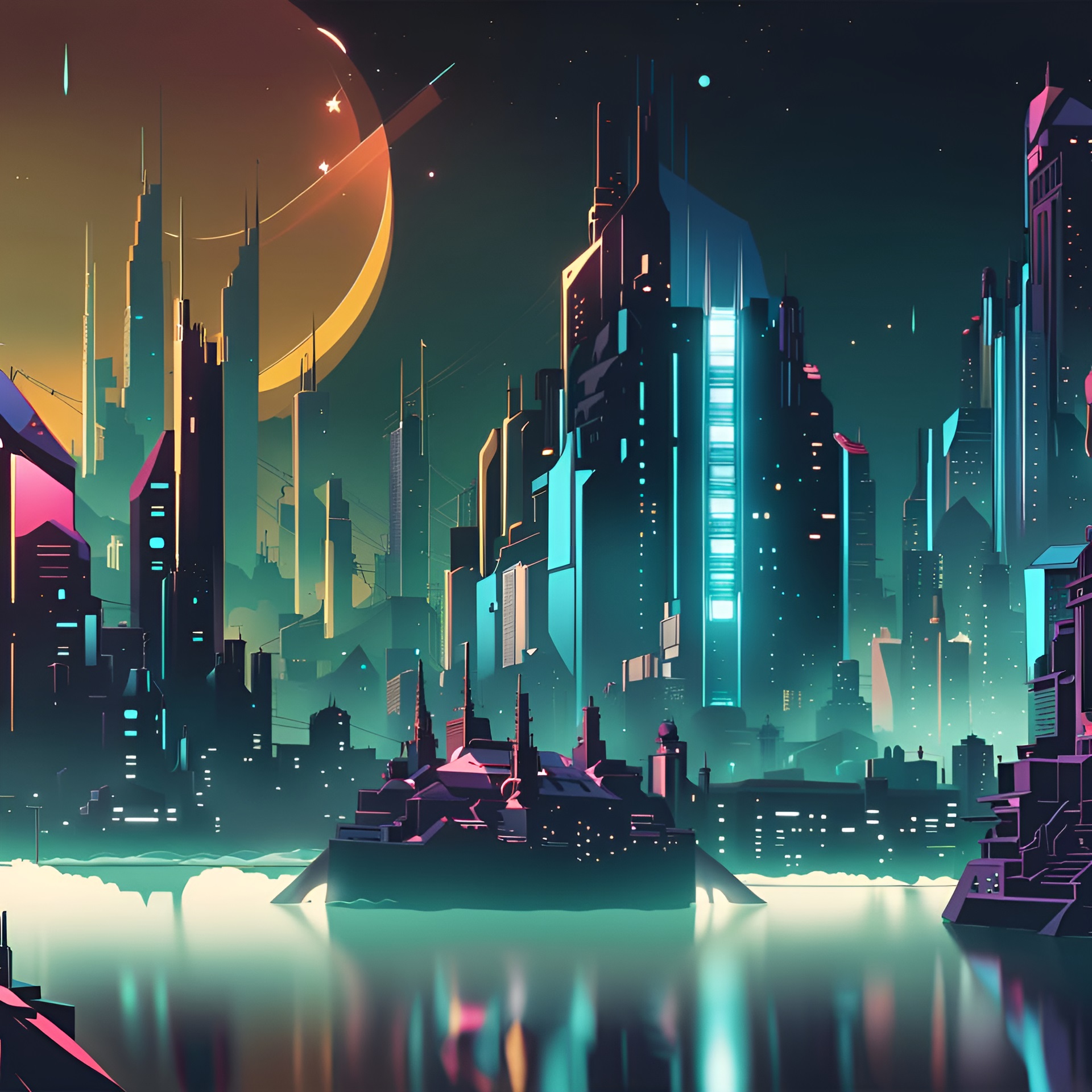 Inteligência artificial na arquitetura Visual futurista e imersivo gerado por IA — cidade cyberpunk à noite, produzida no NightCafe Studio com Stable Diffusion