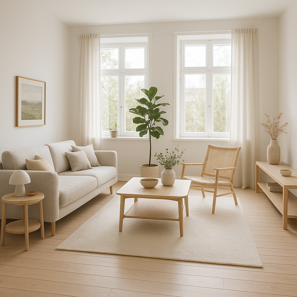 IA na arquitetura Ambiência minimalista e acolhedora em visual gerado por IA — sala escandinava com iluminação natural e tons amadeirados, via DALL·E.